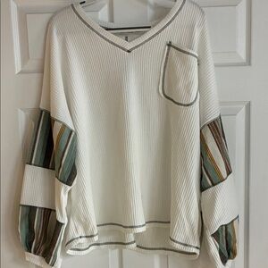 Waffle-Knit V-Neck Pullover Top with Striped Sleeve Accents - White